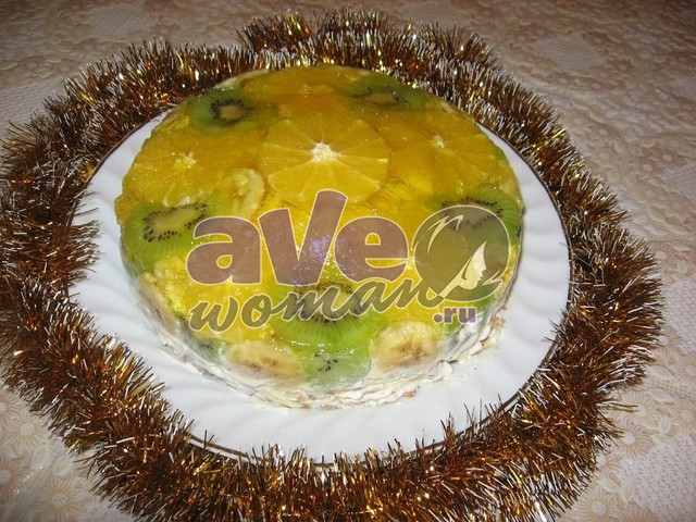 Фруктово-желейный торт из печенья без выпечки "Зимнее солнце"